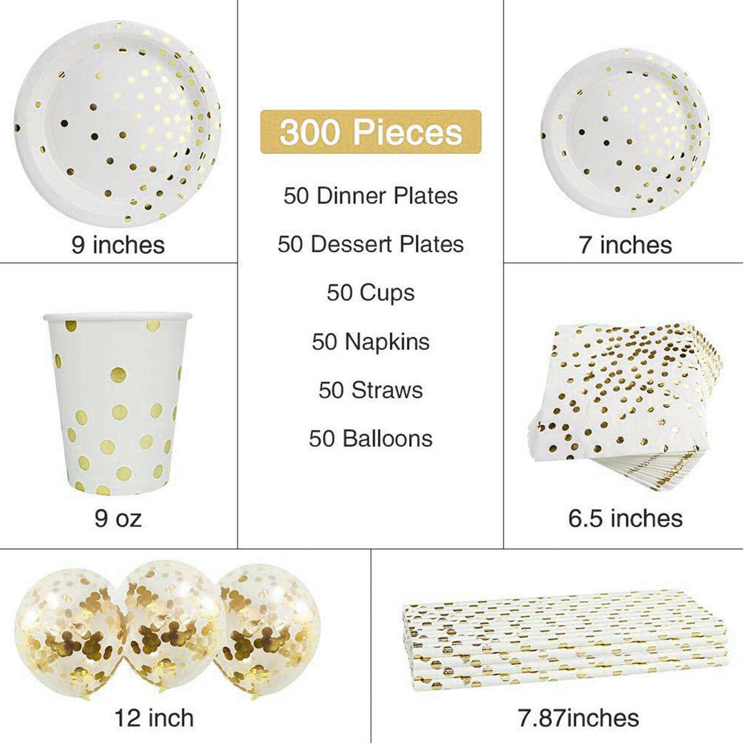 300Pcs Disposable Paper Dinner Dessert Plates Cups Napkins Balloons Straws Set Image 8