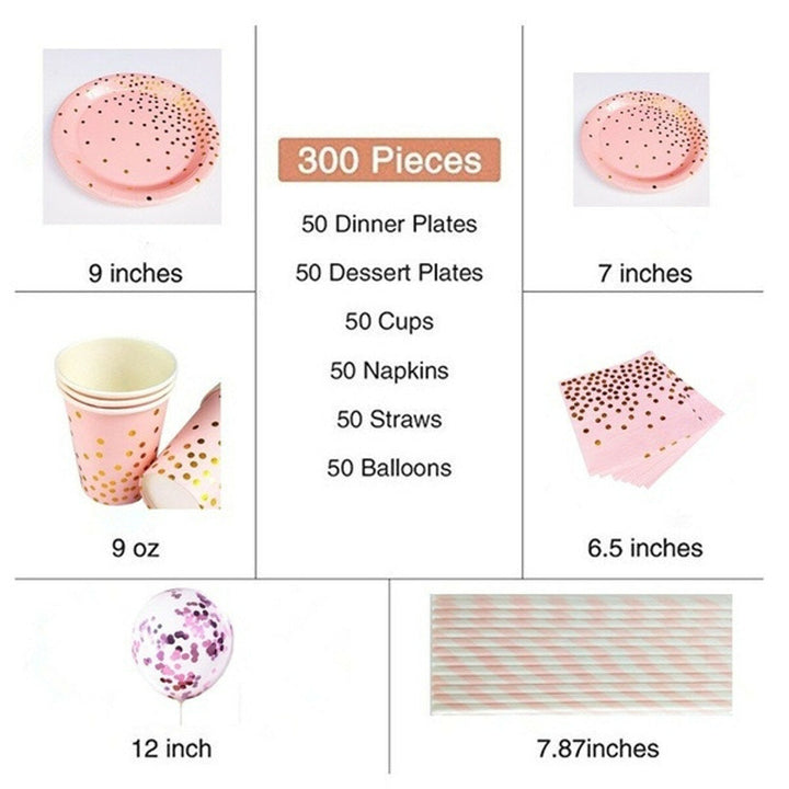 300Pcs Disposable Paper Dinner Dessert Plates Cups Napkins Balloons Straws Set Image 9