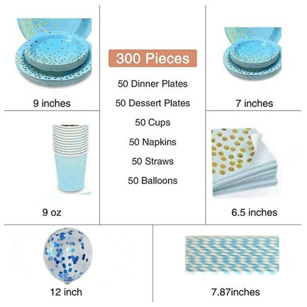 300Pcs Disposable Paper Dinner Dessert Plates Cups Napkins Balloons Straws Set Image 10