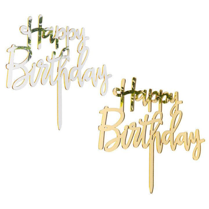 Acrylic Mirror Happy Birthday Gold and Silver Birthday Cake Topper Decorations Image 1