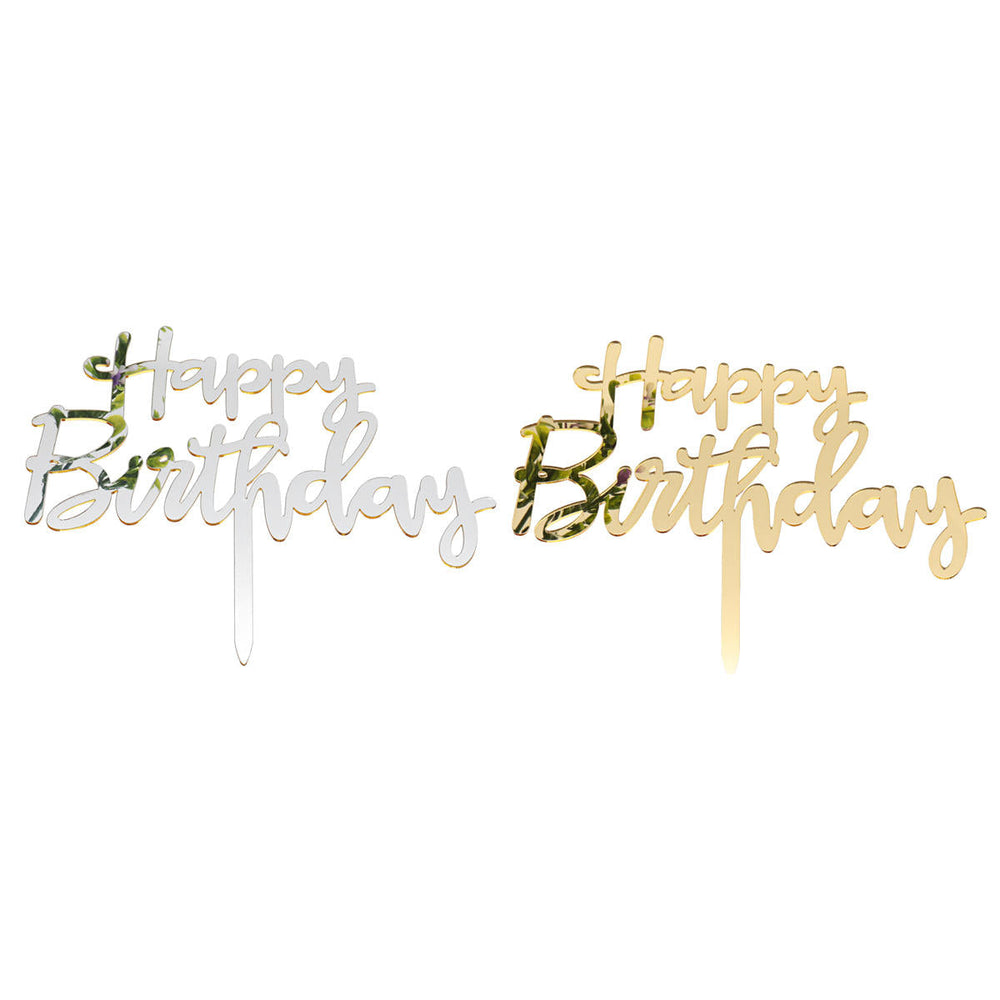 Acrylic Mirror Happy Birthday Gold and Silver Birthday Cake Topper Decorations Image 2