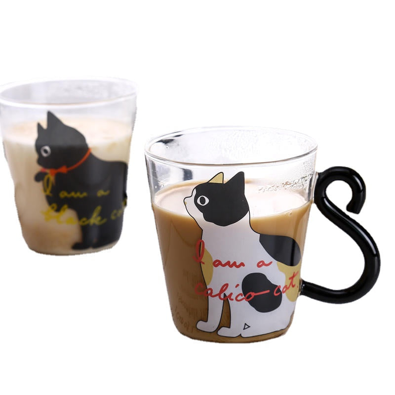 Cat Glass Cartoon Childrens Cup Creative Handle Coffee Cup Single-layer Transparent Juice Drink Cup Image 1