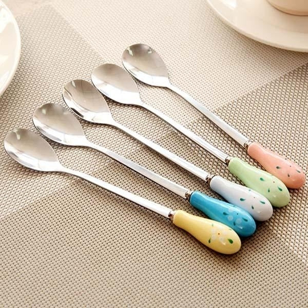 Ceramic Handle Floral Coffee Spoon Stainless Steel Small Milk Spoon Tableware Image 4