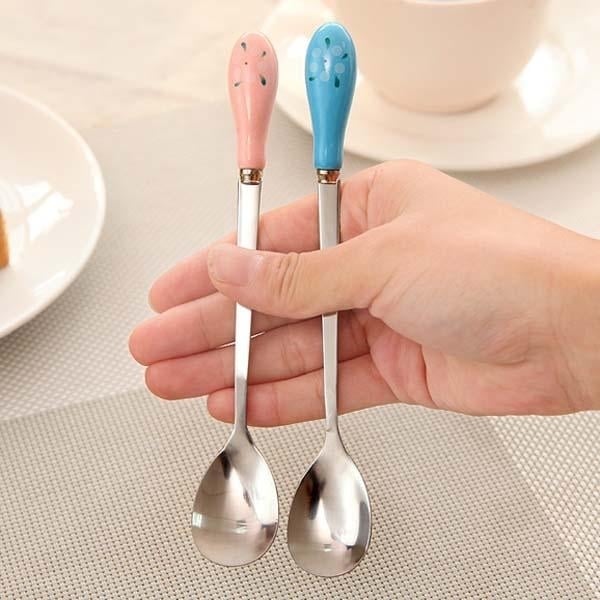 Ceramic Handle Floral Coffee Spoon Stainless Steel Small Milk Spoon Tableware Image 6