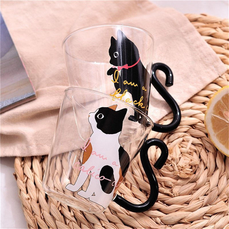 Cat Glass Cartoon Childrens Cup Creative Handle Coffee Cup Single-layer Transparent Juice Drink Cup Image 5