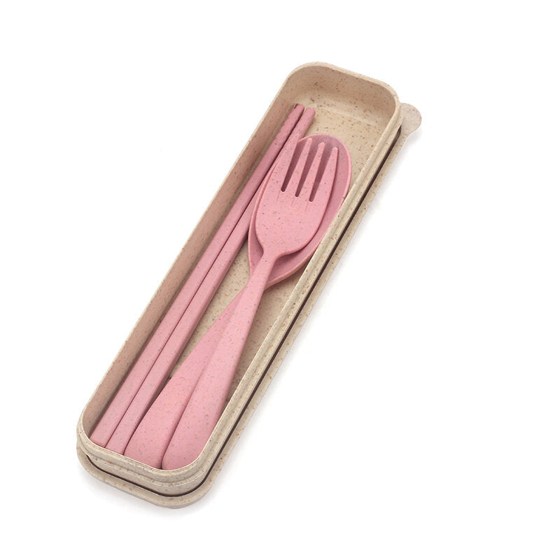 Eco-friendly Portable Chopstick Fork Spoon Three-piece Travel Picnic Wheat Straw Tableware Set with Carrying Box DTTT Image 1