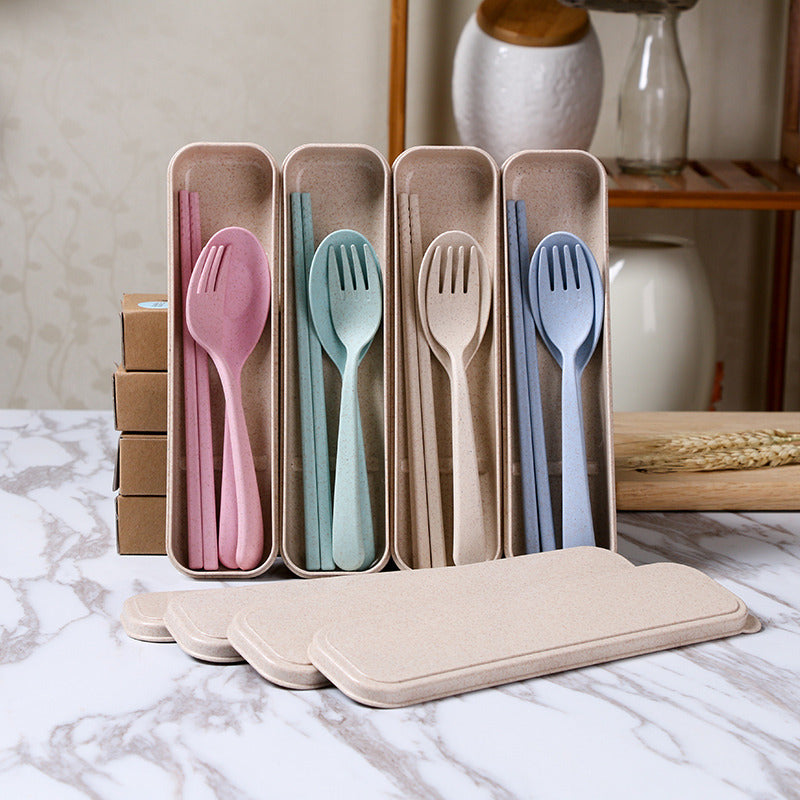 Eco-friendly Portable Chopstick Fork Spoon Three-piece Travel Picnic Wheat Straw Tableware Set with Carrying Box DTTT Image 2