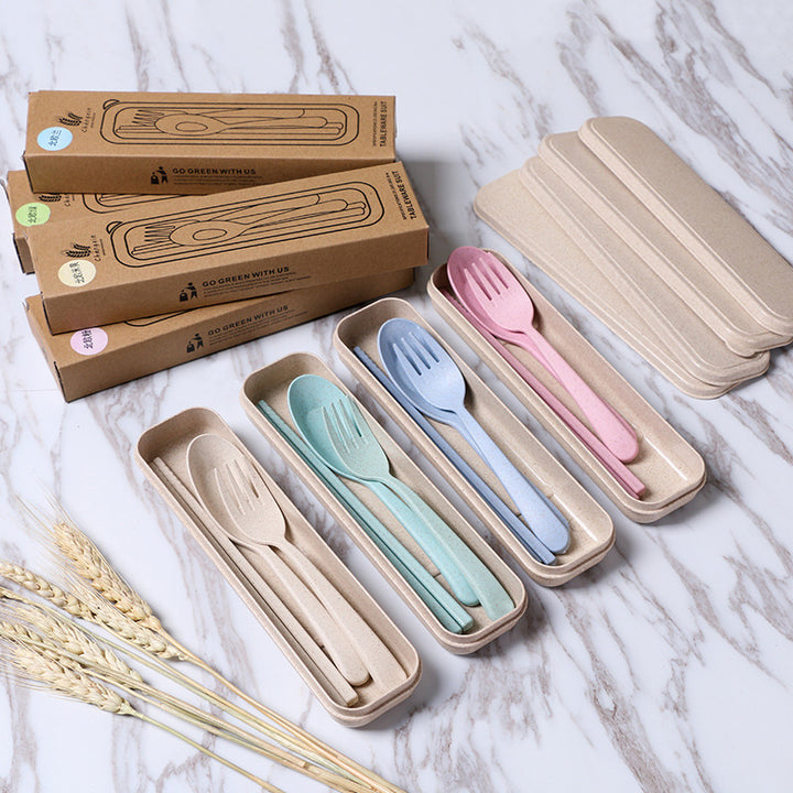 Eco-friendly Portable Chopstick Fork Spoon Three-piece Travel Picnic Wheat Straw Tableware Set with Carrying Box DTTT Image 3