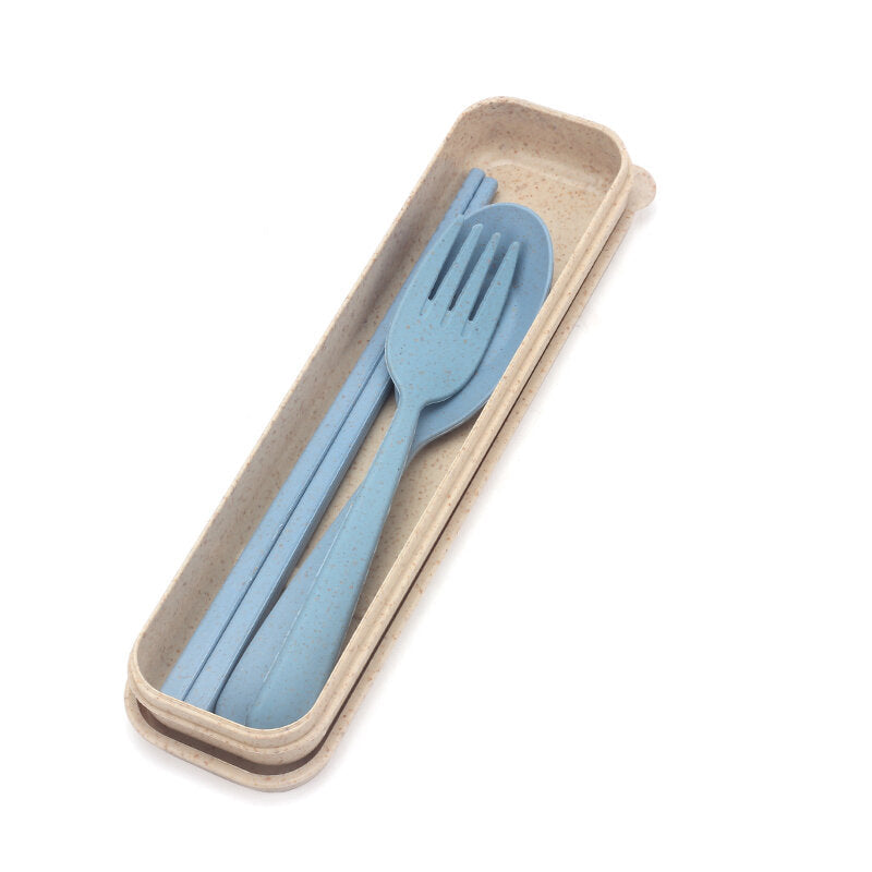 Eco-friendly Portable Chopstick Fork Spoon Three-piece Travel Picnic Wheat Straw Tableware Set with Carrying Box DTTT Image 4