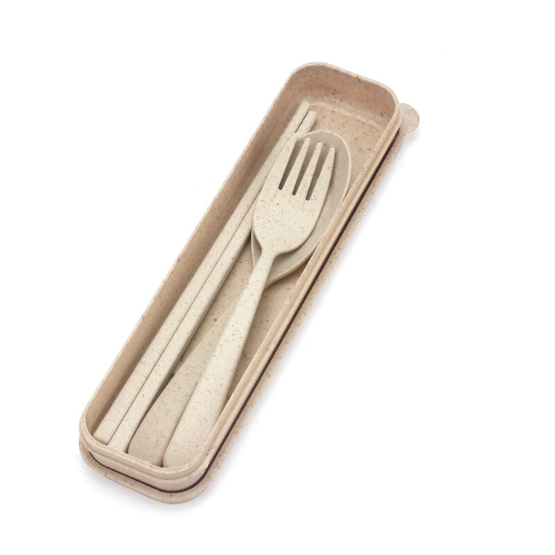 Eco-friendly Portable Chopstick Fork Spoon Three-piece Travel Picnic Wheat Straw Tableware Set with Carrying Box DTTT Image 6