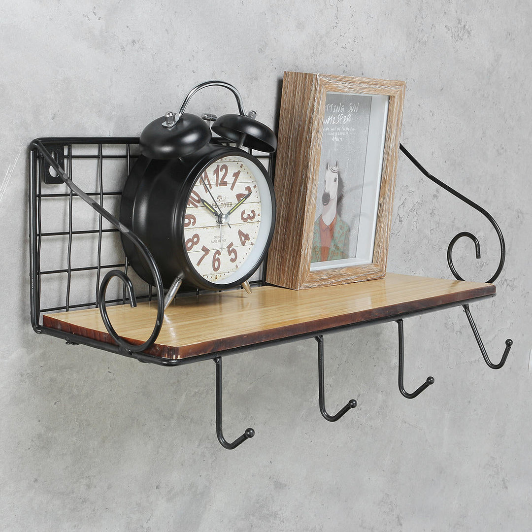 Hanging Wall Mounted Rack Storage Organizer Wood Home Display Storage Baskets w, Iron Hook Image 5