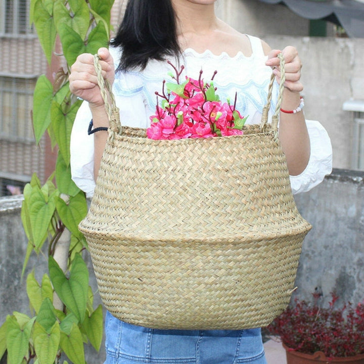 Foldable Flower Basket Seagrass Woven Belly Planter Pot Laundry Storage Skep Box Image 2