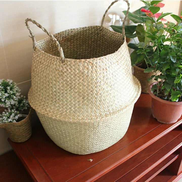 Foldable Flower Basket Seagrass Woven Belly Planter Pot Laundry Storage Skep Box Image 4