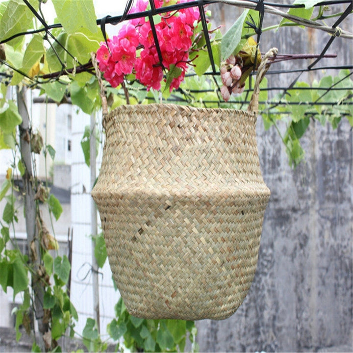 Foldable Flower Basket Seagrass Woven Belly Planter Pot Laundry Storage Skep Box Image 6