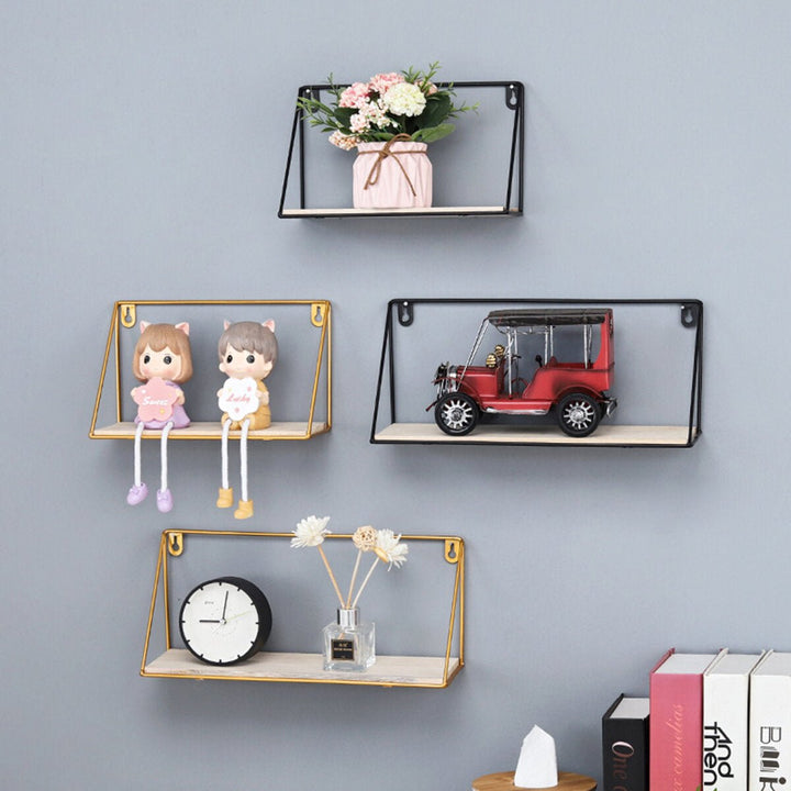 Floating Corner Wall Iron Shelf Wall Mounted Wood Storage Shelf Home Office Decoration Display Image 11