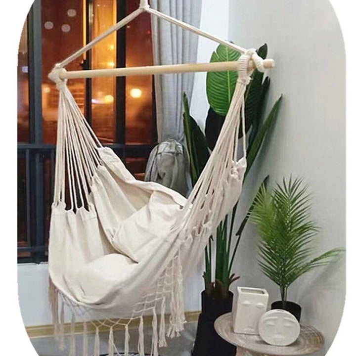 Garden Hammock Chair Swing Seat Wooden Rope Swing Seat With 2 Cushion Image 9