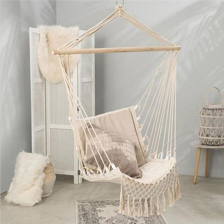 Hammock Cotton Swing Camping Rope Chair Wooden Beige Tasse Patio Image 2