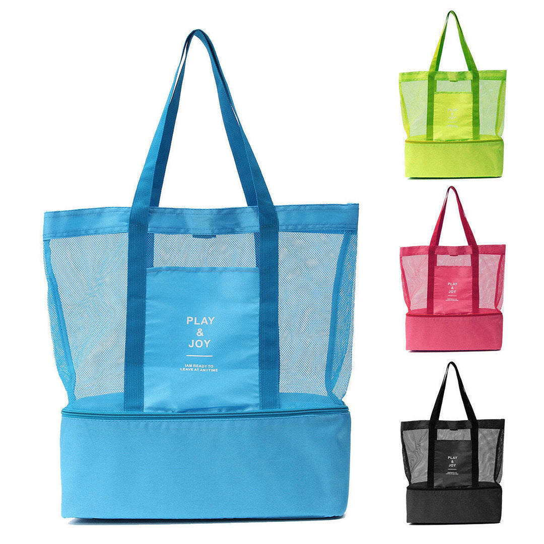 Handheld Lunch Bag Insulated Cooler Picnic Bag Mesh Beach Tote Bag Food Drink Storage DTTT Image 1