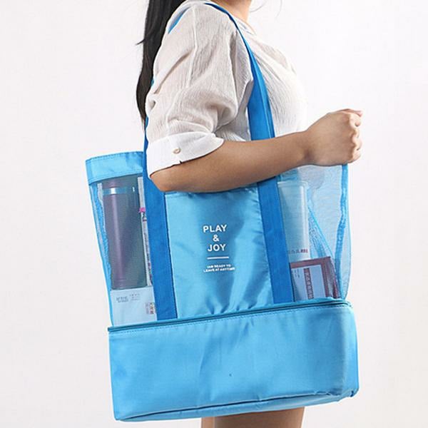 Handheld Lunch Bag Insulated Cooler Picnic Bag Mesh Beach Tote Bag Food Drink Storage DTTT Image 4