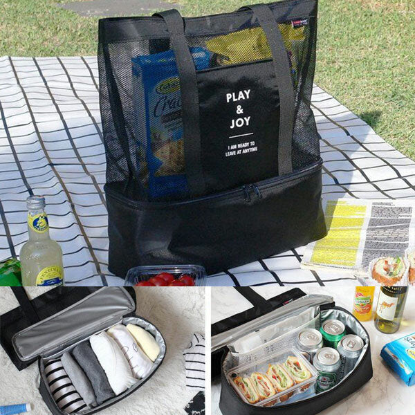 Handheld Lunch Bag Insulated Cooler Picnic Bag Mesh Beach Tote Bag Food Drink Storage DTTT Image 5