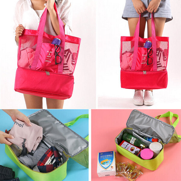 Handheld Lunch Bag Insulated Cooler Picnic Bag Mesh Beach Tote Bag Food Drink Storage DTTT Image 6