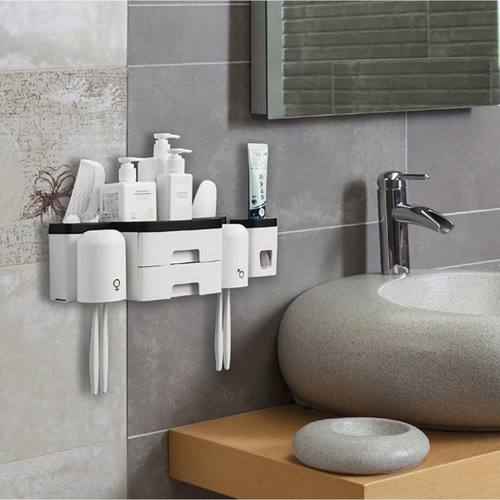 Kitchen Shelf Toothbrush Rack Hole-free Mouthwash Cup Bathroom Wall-mounted 2 Drawers Toothbrush Receptacle Rack + Image 9