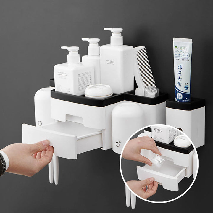 Kitchen Shelf Toothbrush Rack Hole-free Mouthwash Cup Bathroom Wall-mounted 2 Drawers Toothbrush Receptacle Rack + Image 10