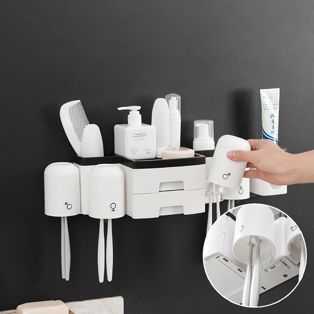 Kitchen Shelf Toothbrush Rack Hole-free Mouthwash Cup Bathroom Wall-mounted 2 Drawers Toothbrush Receptacle Rack + Image 11