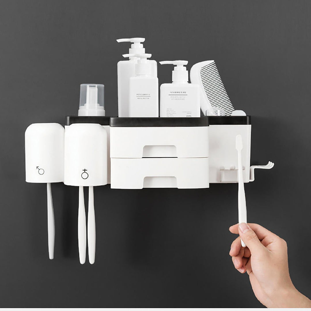 Kitchen Shelf Toothbrush Rack Hole-free Mouthwash Cup Bathroom Wall-mounted 2 Drawers Toothbrush Receptacle Rack + Image 12