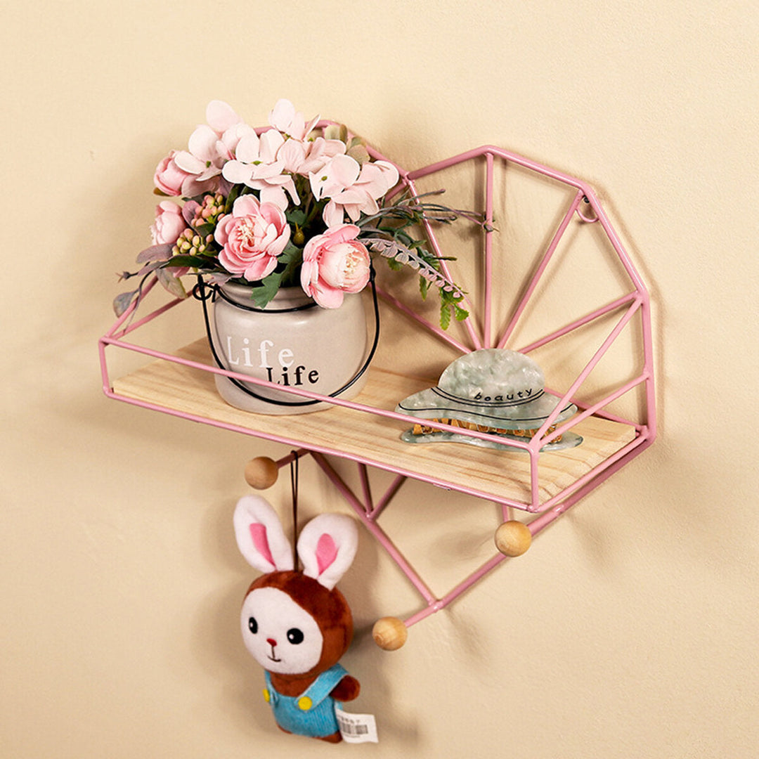 Heart Shaped Metal Wire and Wooden Rack Wall Unit Hanging Shelf Image 2