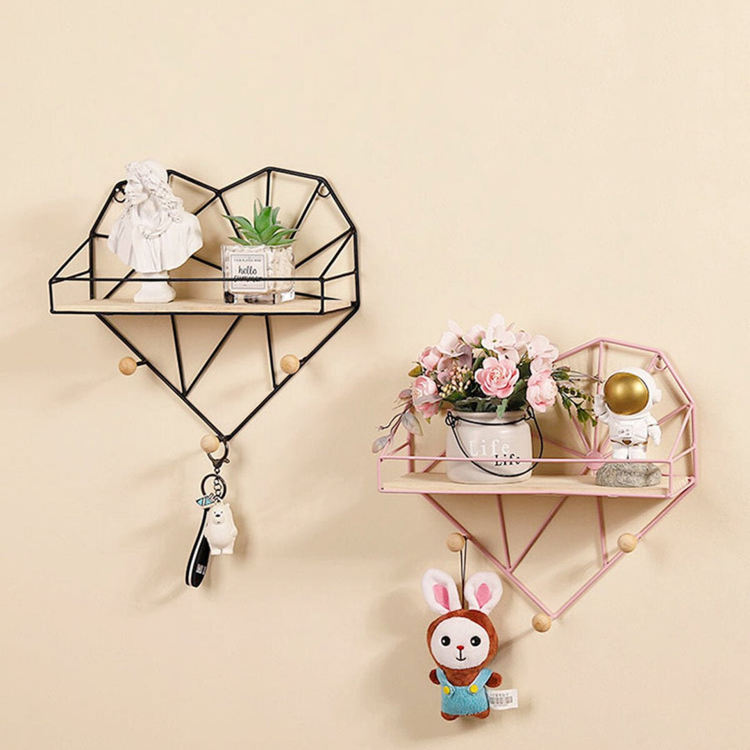 Heart Shaped Metal Wire and Wooden Rack Wall Unit Hanging Shelf Image 4