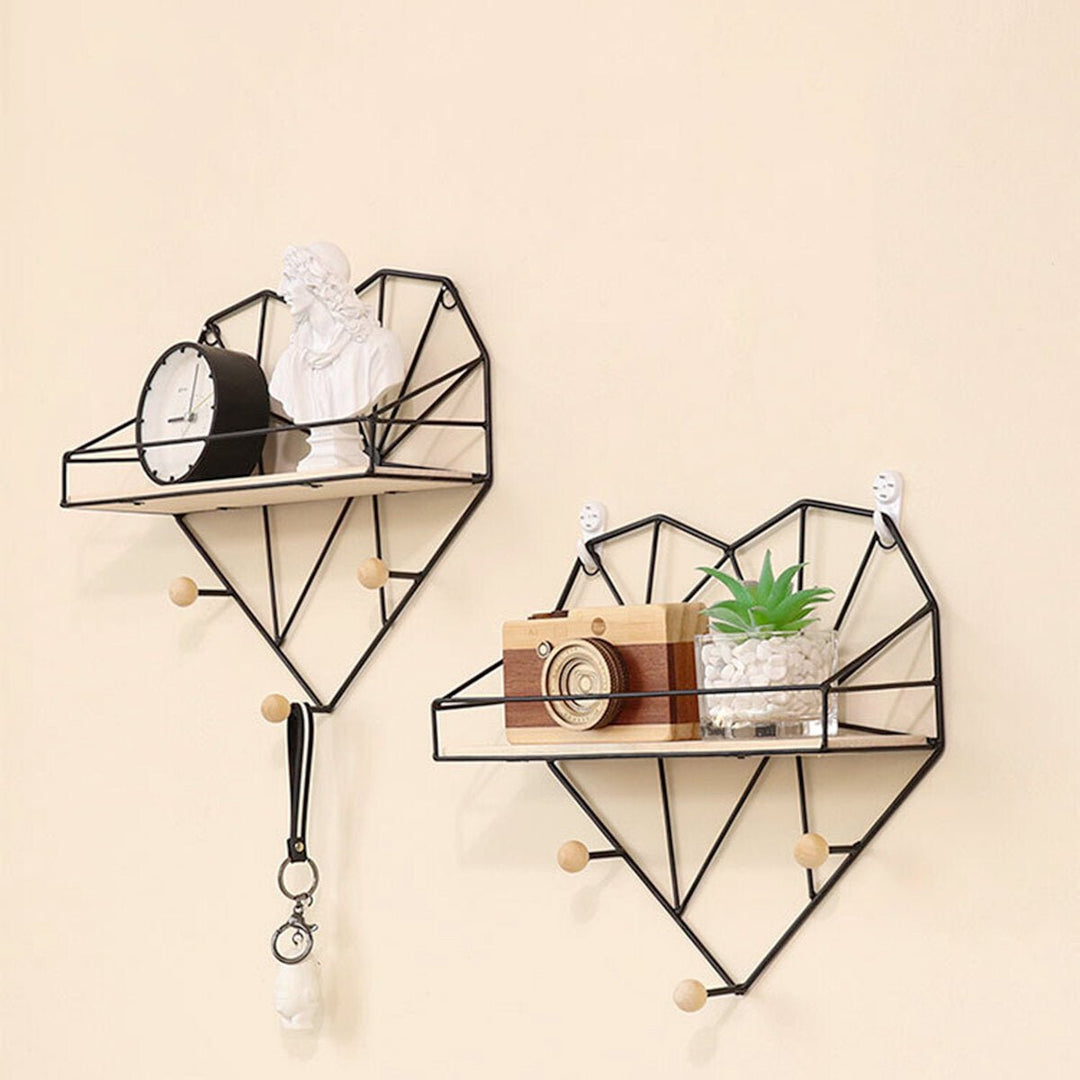 Heart Shaped Metal Wire and Wooden Rack Wall Unit Hanging Shelf Image 5