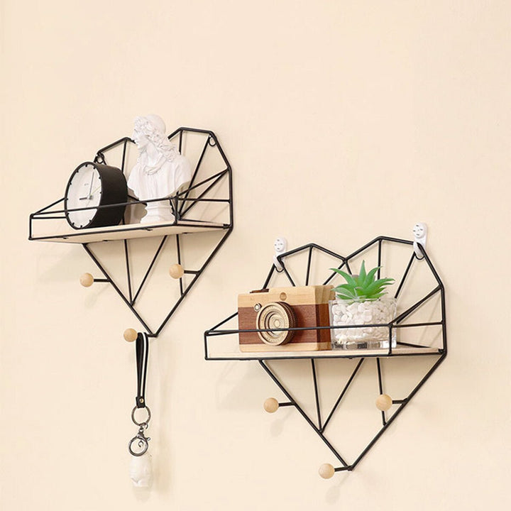 Heart Shaped Metal Wire and Wooden Rack Wall Unit Hanging Shelf Image 5