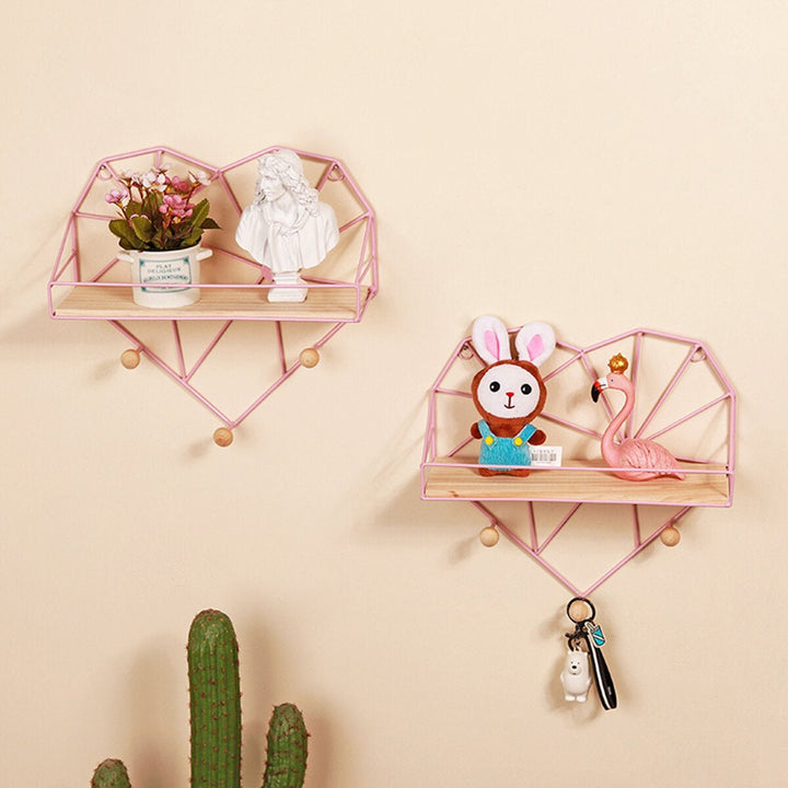 Heart Shaped Metal Wire and Wooden Rack Wall Unit Hanging Shelf Image 6