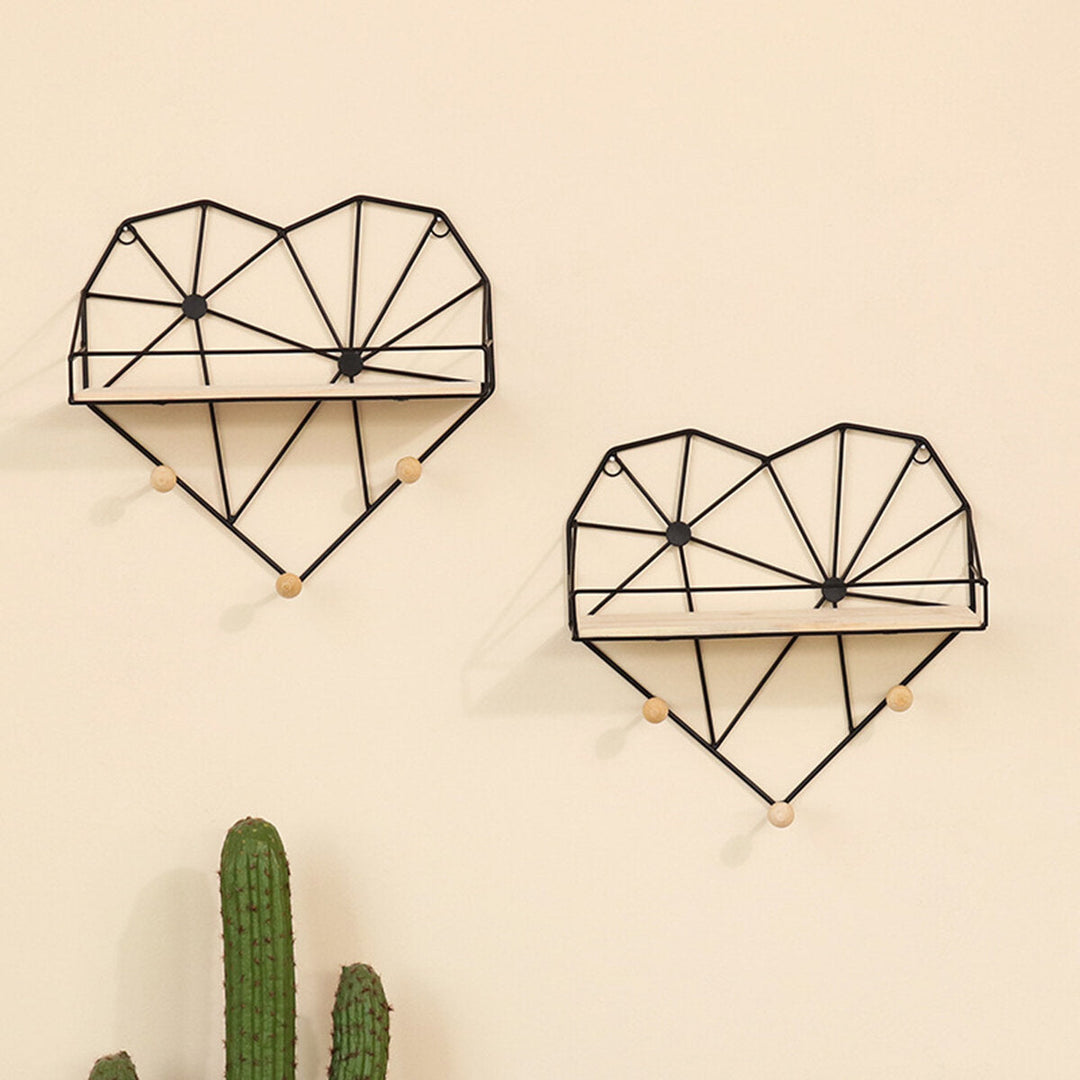 Heart Shaped Metal Wire and Wooden Rack Wall Unit Hanging Shelf Image 7