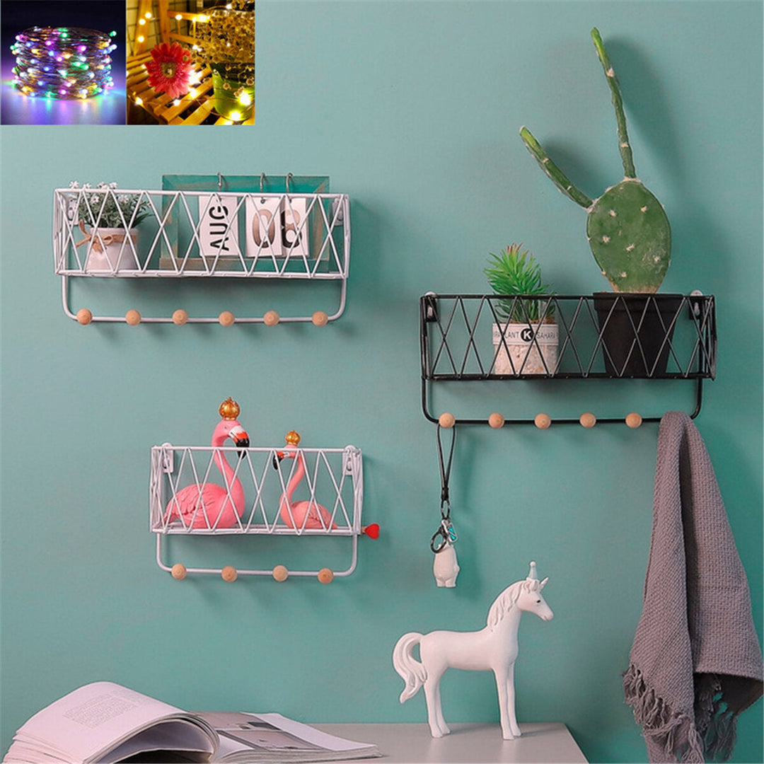 Iron Rack Wooden Wall Hanging Shelf Holder Books Pot Plant Storage +Hooks Image 4