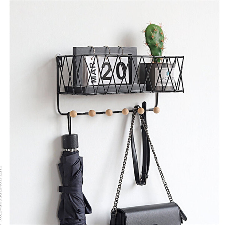 Iron Rack Wooden Wall Hanging Shelf Holder Books Pot Plant Storage +Hooks Image 6