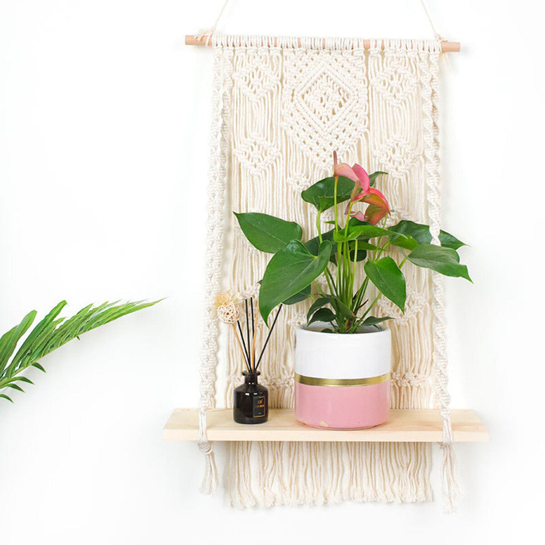 Macrame Plant Hanger Basket Hand Woven Tapestry Wood Pot Shelf Room Decoration Image 3