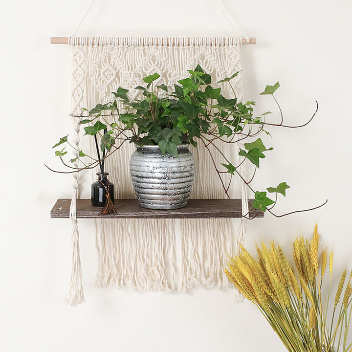 Macrame Plant Hanger Platform Basket Bohemian Hand Woven Tapestry Wood Pot Shelf Image 3