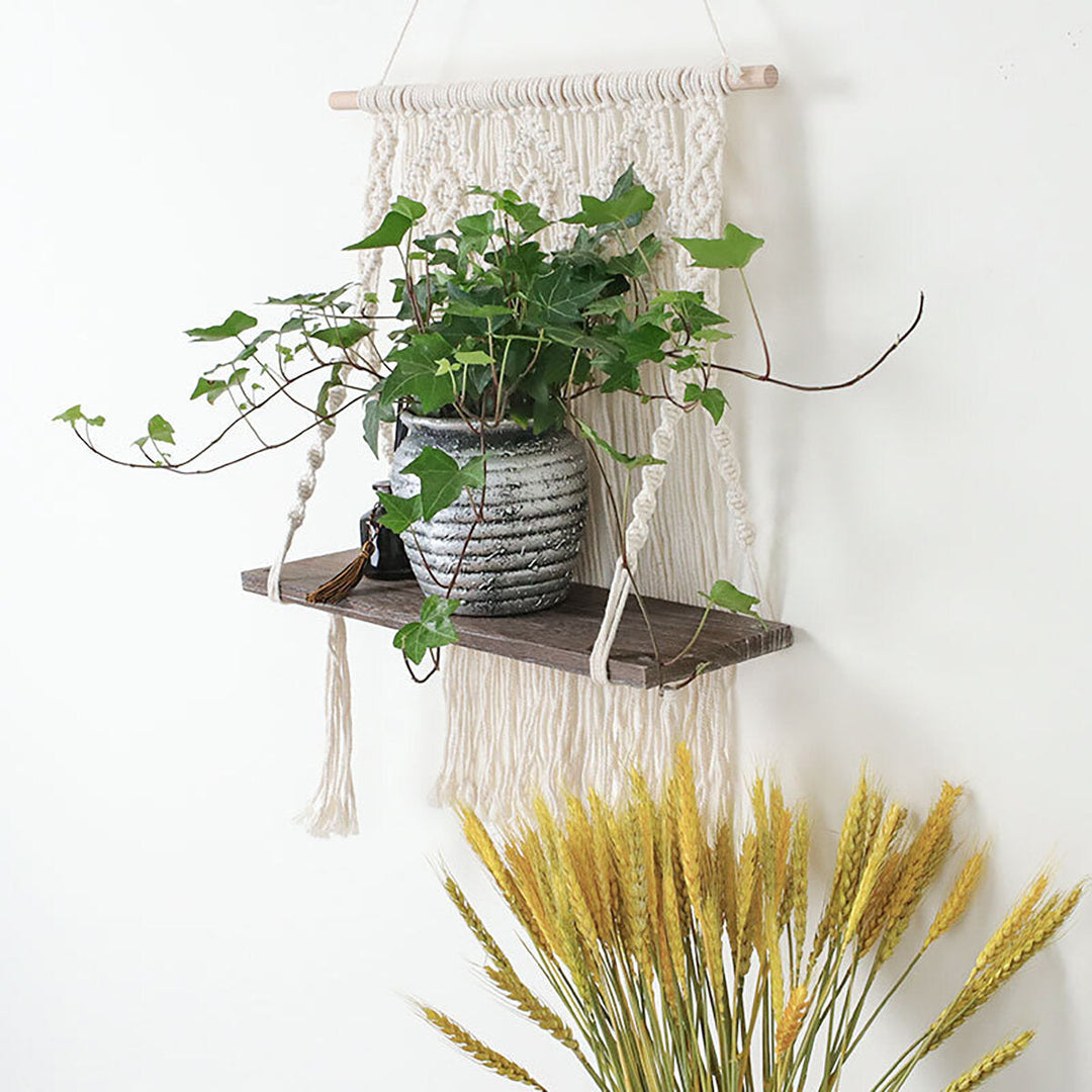 Macrame Plant Hanger Platform Basket Bohemian Hand Woven Tapestry Wood Pot Shelf Image 4