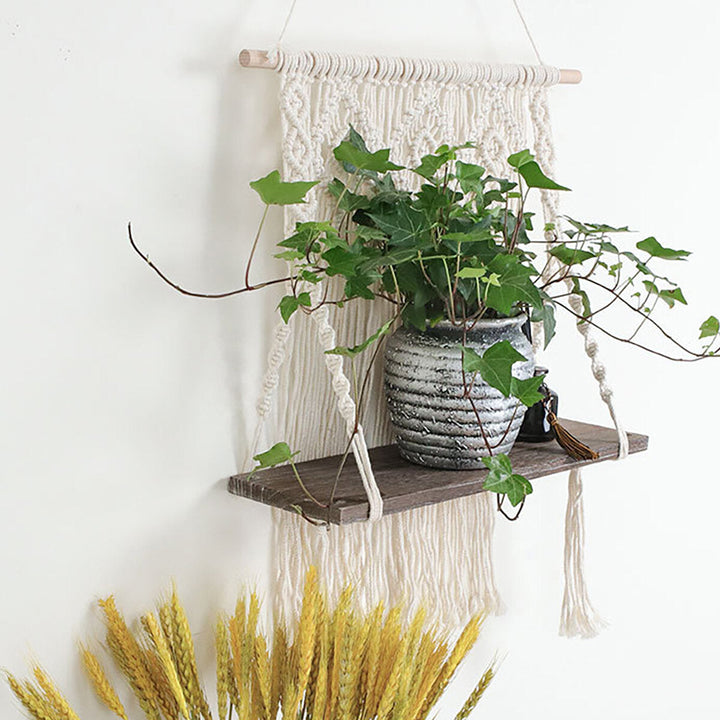 Macrame Plant Hanger Platform Basket Bohemian Hand Woven Tapestry Wood Pot Shelf Image 5