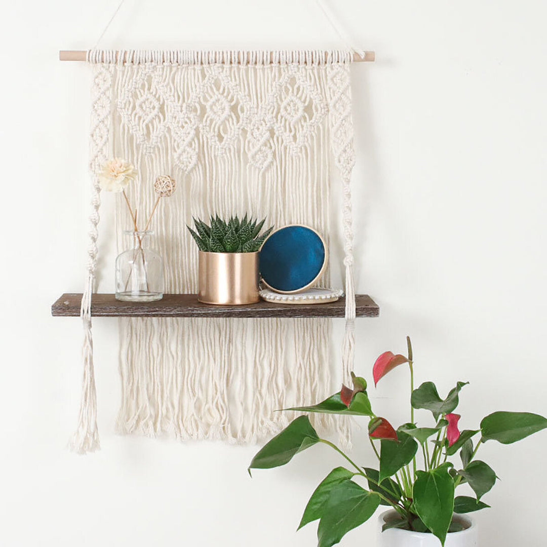 Macrame Plant Hanger Platform Basket Bohemian Hand Woven Tapestry Wood Pot Shelf Image 6