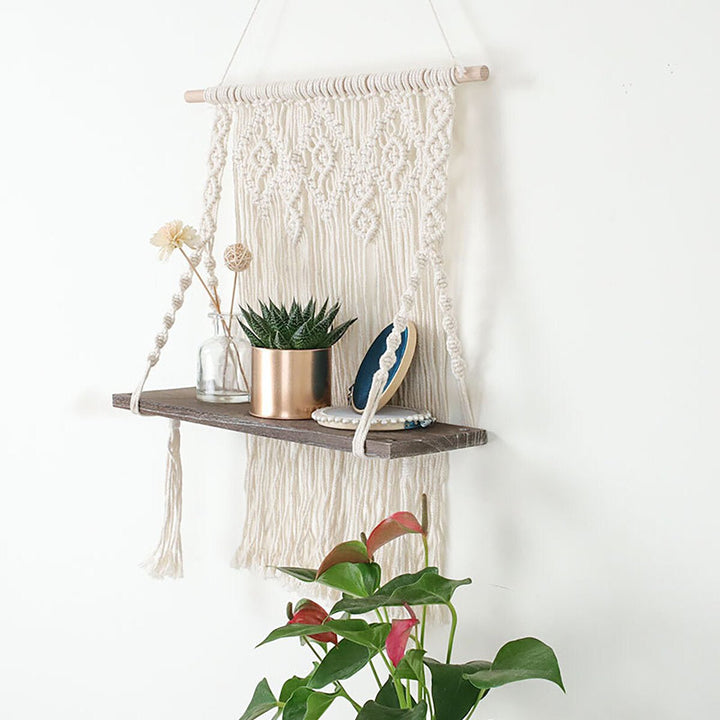 Macrame Plant Hanger Platform Basket Bohemian Hand Woven Tapestry Wood Pot Shelf Image 7