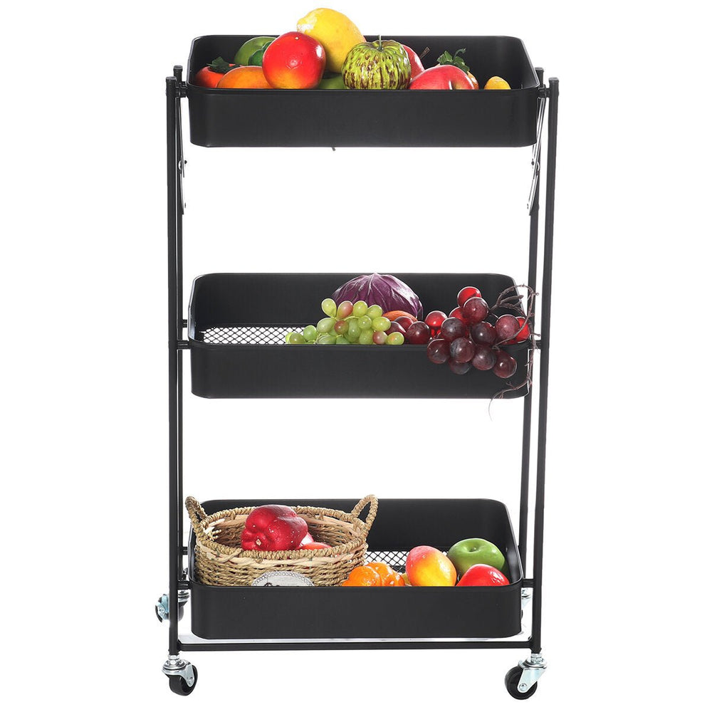 Multilayer Foldable Storage Rack with Wheels Kitchen Rolling Cart Free Installation Floor Shelf Image 2