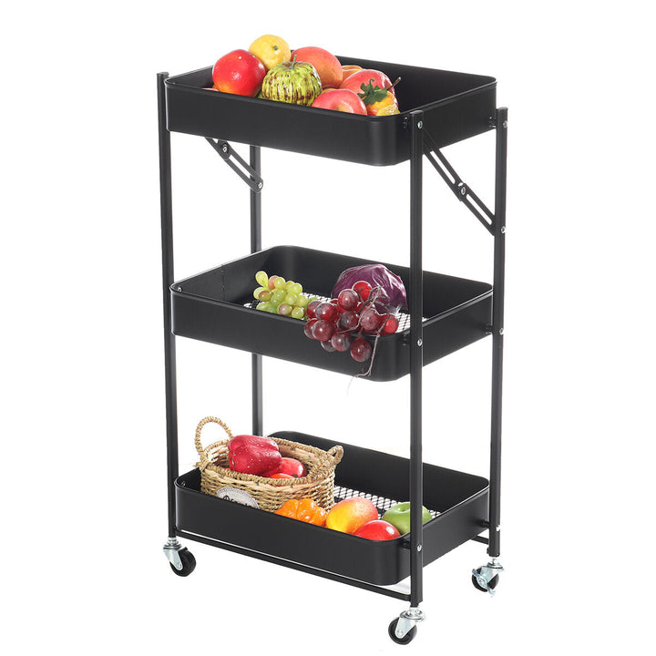 Multilayer Foldable Storage Rack with Wheels Kitchen Rolling Cart Free Installation Floor Shelf Image 3