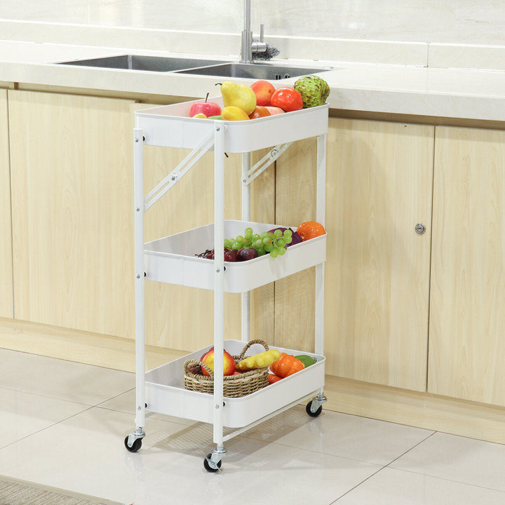 Multilayer Foldable Storage Rack with Wheels Kitchen Rolling Cart Free Installation Floor Shelf Image 5