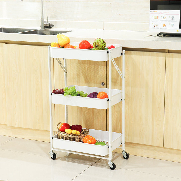 Multilayer Foldable Storage Rack with Wheels Kitchen Rolling Cart Free Installation Floor Shelf Image 6