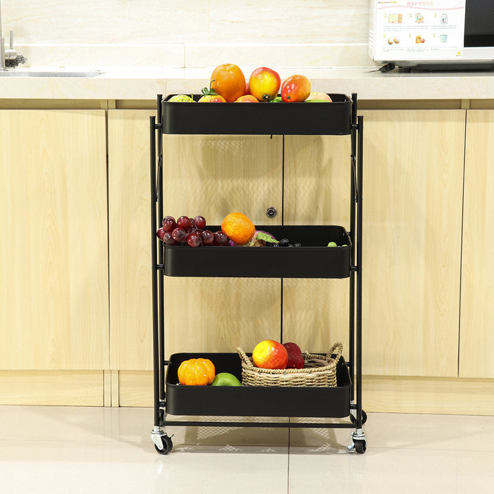 Multilayer Foldable Storage Rack with Wheels Kitchen Rolling Cart Free Installation Floor Shelf Image 7