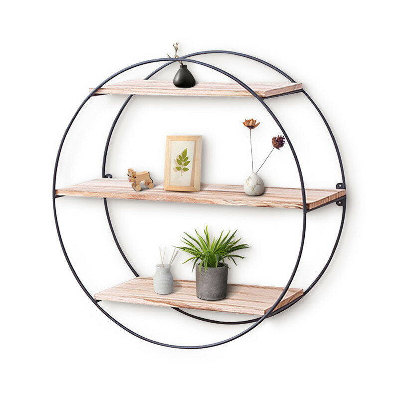 Round Wall Unit Retro Industrial Style Wood Metal Wall Shelf Rack Book Shelf Storage Rack Image 1