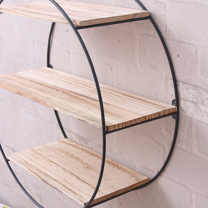 Round Wall Unit Retro Industrial Style Wood Metal Wall Shelf Rack Book Shelf Storage Rack Image 3